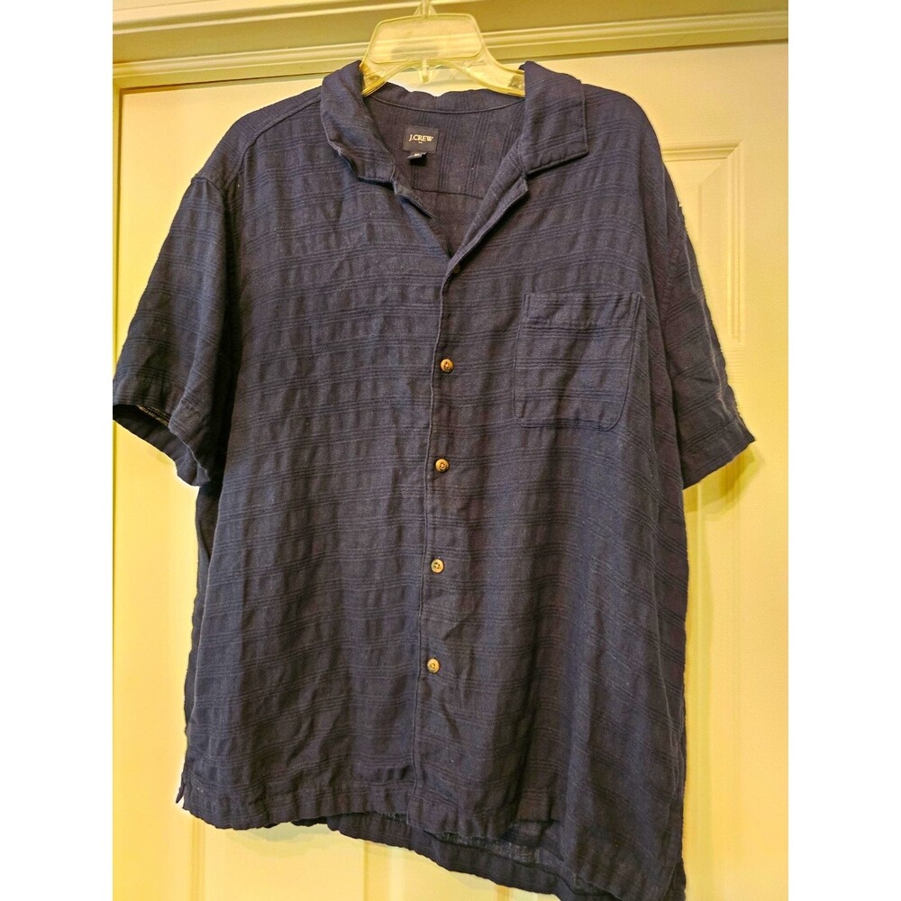 J.CREW Mens XL Navy Blue Linen Cotton Lightweight Short Sleeve Button Up Shirt
